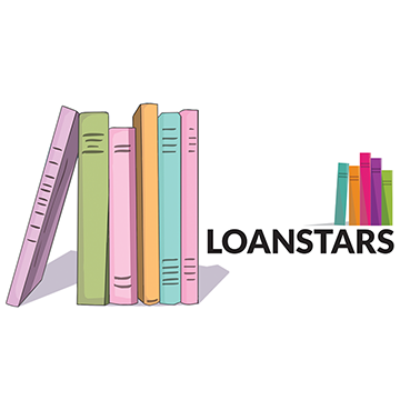 Standing stack of six books next to the Loan Stars logo