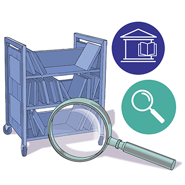 Illustration of a library cart next to a magnifying glass. The SaleData & LibraryData logos are next to it.