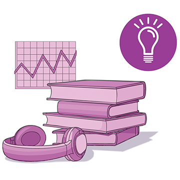 Illustration of a stack of books next to a headphones set. There's a floating line graph in the background.