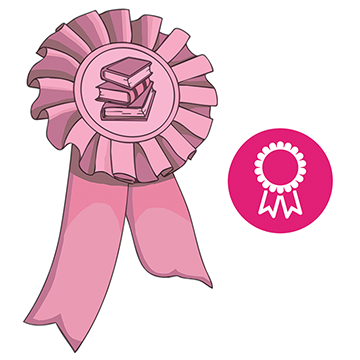 Illustration of a ribbon medal featuring a stack of books