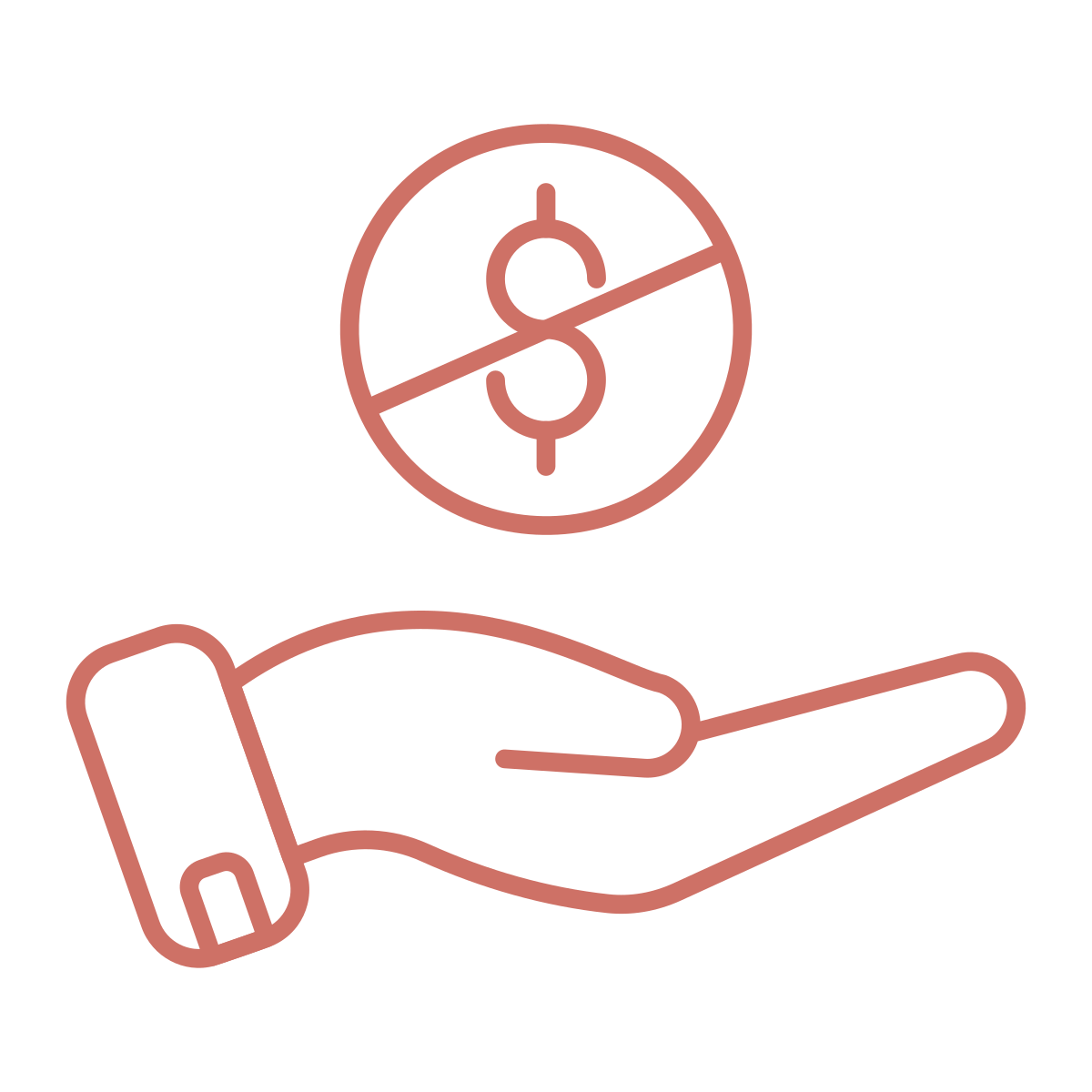 Icon featuring an open hand with a crossed off dollar sign on top