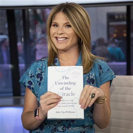Photo of Jenna Bush Hager holding up The Unwinding of the Miracle, one of her book club picks.