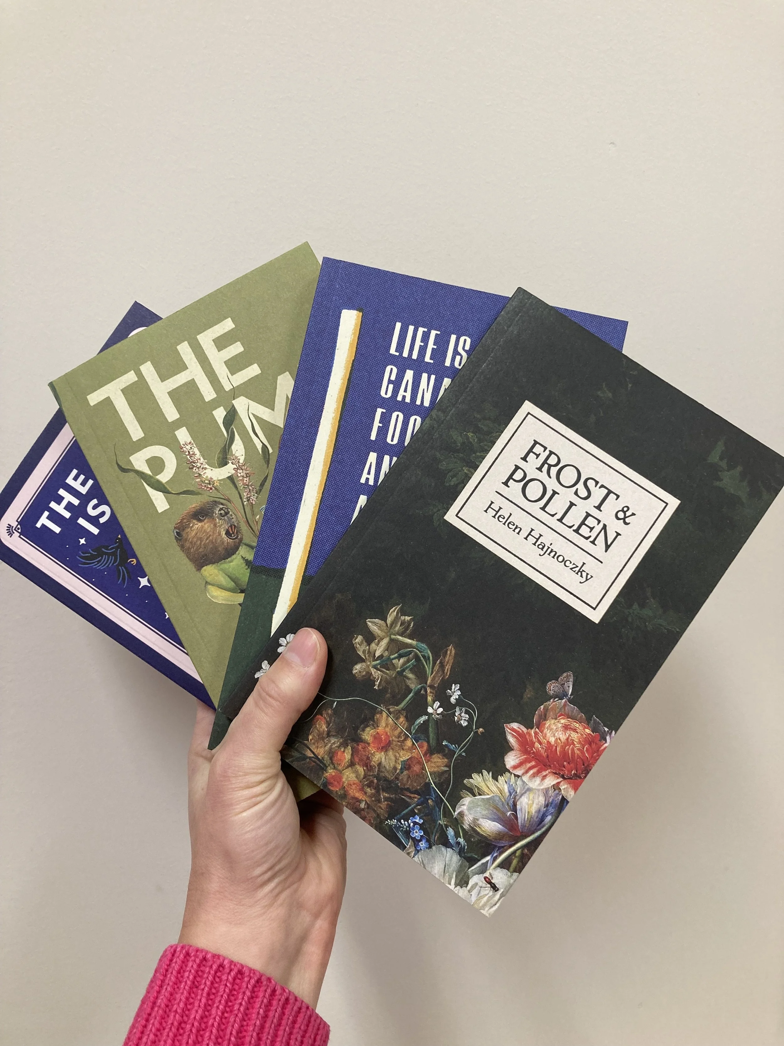 Frost & Pollen by Helen Hajnoczky, Life Is Like Canadian Football and Other Authentic Folk Songs by Henry Adam Svec, The Pump by Sydney Warner Brooman, and The Quiet Is Loud by Samantha Garner.