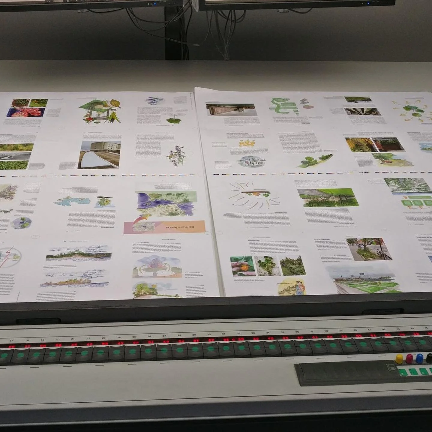An image of The Edible Ecosystem Solution by Zach Locks. It's a full colour book printed with vegetable based inks on 100% post consumer recycled paper stock on the press at Friesens printing company.
